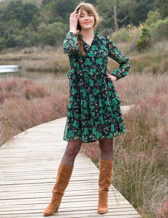 Robe volantée imprimée (noir / vert) Robe volantée imprimée (noir / vert)